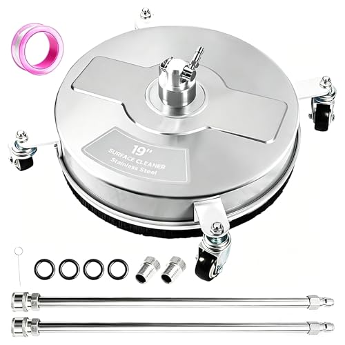 Hourleey 19" Pressure Washer Surface Cleaner, Stainless Steel Surface Cleaner with 4 Wheels for Concrete, Patio, Sidewalk, Deck, Pathway 1/4" Quick Connector, 2 Extension Wand, 4000 PSI - size: 19 Inch