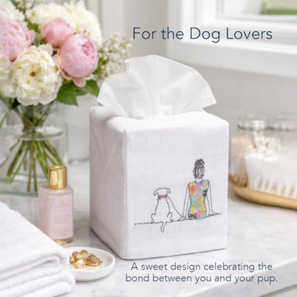 Jacaranda Living Square Tissue Box Cover, Linen/Cotton Fabric Tissue Holder, Decorative Cloth Tissue Cube Cover, Animal Designs Girl and Dog - color: Girl and Dog