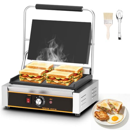 Commercial Panini Press - 2200W Electric Panini Sandwich Grill w/Nonstick Coating & Adjustable Temp, Stainless Steel, Panini Grill Press w/14"x9" Cooking Pan (Full Flat),Double-sided Heating - style: 14"x9" Smooth Plates