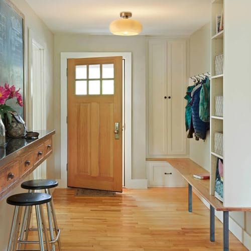 Gold Brass Flush Mount Ceiling Light Fixtures Mid Century Modern Ceiling Lights Brushed Milk Yellow Shade Glass Semi Flush Mount Light for Farmhouse Hallway Kitchen Sink Ceiling Lamp - color: Flush-Milk Yellow 2