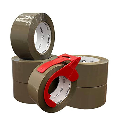 COSIMIXO 6-Pack Heavy Duty Brown Packing Tape with Dispenser, 2.5 mil x 1.88 inch x 110 Yards,Ultra Strong,Industrial Shipping Box Tan Packaging Tape for Moving, Office, & Storage