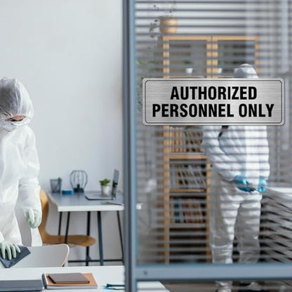 EVQ Authorized Personnel Only Sign Aluminum Metal Silver 9 x 3 Inch 4 Pack - color: Authorized Personnel ff Only