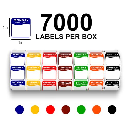 Date Stickers for Food, 7000 Pcs 1" Removable Day of the Week Food Labels in English/Español/Français with Dispenser, Monday-Sunday Date Stickers for Restaurant Kitchen Containers - color: Dispenser Set Square