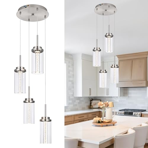 MELUCEE Modern LED Pendant Light Fixtures Brushed Nickel 4-Light with Glass - color: Brushed Nickel, size: 4-Light-Round