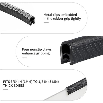Rubber Edge Trim Guard 32.8ft/10m, Adhesive Free Door Edge Protector, U Shape Edge Seal Strip with Embedded Metal Clips Fits 3/64" to 1/8" Thick Edges (Black) - size: 393.6" L x 0.25" W