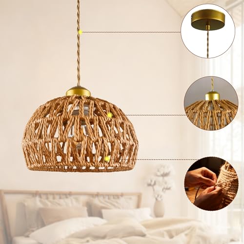 7.7" Dome Hemp Rope Pendant Light, E26 Gold Woven Adjustable Hanging Lamp - color: Basket Shape, size: 8 inch