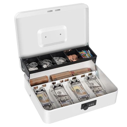 Cash Box with Money Tray and Combination Lock, Money Box for Cash Register - color: White