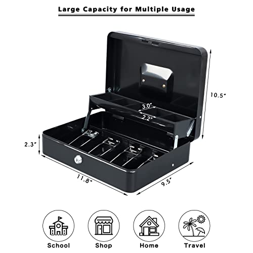 xydled Cash Box with Key Lock, Metal Money Box, Safe Storage box, Black - color: Black Key Lock