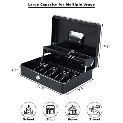 xydled Cash Box with Key Lock, Metal Money Box, Safe Storage box, Black - color: Black Key Lock
