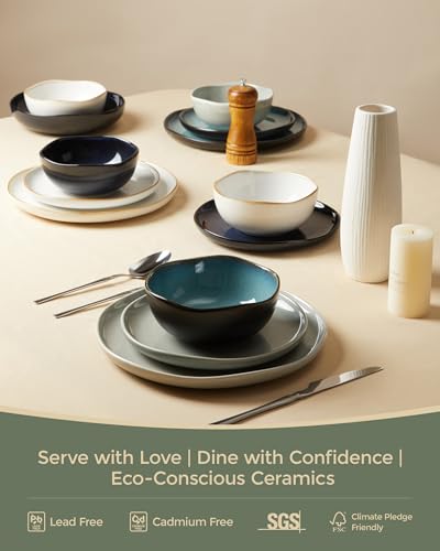 Pokini Stoneware Dinnerware Sets for 8, 24Pcs Ceramic Plates and Bowls Sets - color: Dusty Green, size: Set (24pcs)