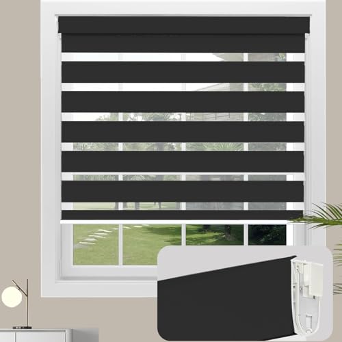 No Drill No Tools Cordless Zebra Blinds for Windows, Day & Night Dual Sheer Roller Shades,Easy Installation,Free-Stop Lift System, Black Privacy Blinds for Home,Custom Size. - color: Black, size: No Drill Installation-Custom Size