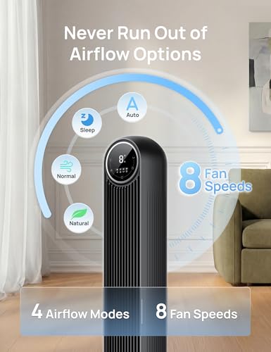 DREO Smart Tower Fan for Bedroom, 28ft/s Velocity, 8 Speeds Ultra Quiet Fan - color: Pure Black, size: 36 inch
