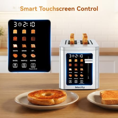 Mecity 2 Slice Toaster Smart Touchscreen, Stainless Steel Wide Slot Toasters Defrost, Reheat, Memory Function, Auto Shutoff, Digital Electric Bread Toaster for Bagel Muffin Waffle, 120V - color: 2 Slot-Brushed stainless steel