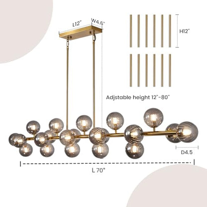 Modern Gold Chandelier Rectangle Pendant Light Sputnik Chandeliers Hanging Light Fixture 16-Light - color: Grey-70in