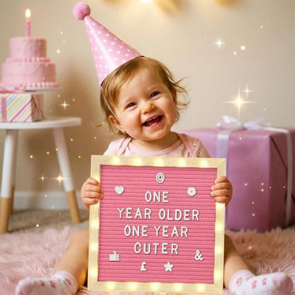 10 x 10 Inches Felt Letter Board & LED Light, Pink, Natural Wood - color: Pink, size: 10 x 10 Inches, style: Natural Wood