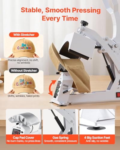VEVOR Hat Heat Press Machine, 8.5 x 4 in Large Heating Plate, with Caps Stretcher, Precise Temperature & Time Control, Heat Press for Hats and Caps, for HTV Iron On and Sublimation Projects, White - color: White