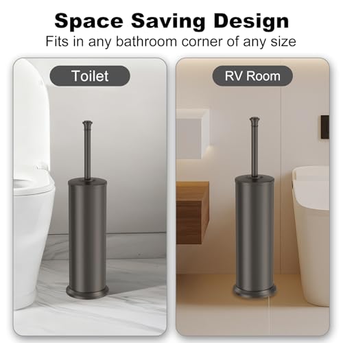 Pewter Toilet Brush and Holder，Extra Long Handled Toilet Brush for Bathroom，Stainless Steel Heavy Duty Toilet Bowl Brush,Removable Inner Bowl,Deep Cleaning Dense Bristles Cleaner Brush -Space Saving - color: Pewter