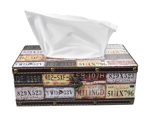 Wood Tissue Box Cover with PU Leather & Vintage Pattern - Rectangle Decorative Tissue Holder for Home, Car, Office, Bathroom, Desk - Fits Standard Medium Tissues with Lid (Stop Style) - color: Stop Style