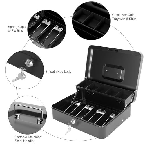 Cash Box with Money Tray and Lock, Metal Money Box for Cash Register 4 Keys - color: Black