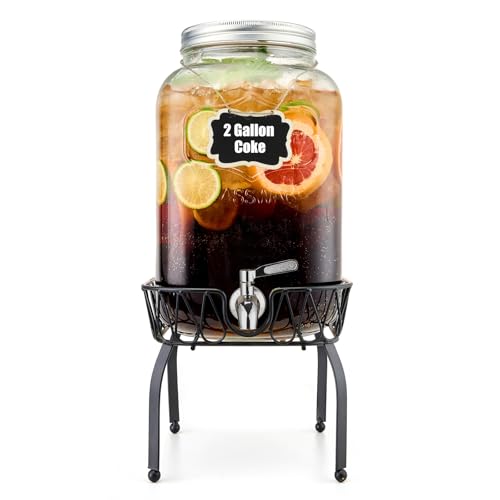 2 Gallon Beverage Dispenser with Stand and Lid, 18/8 Stainless Steel Spigot - Mason Jar Drink Dispensers with Lids, Glass Drink Dispensers for Parties