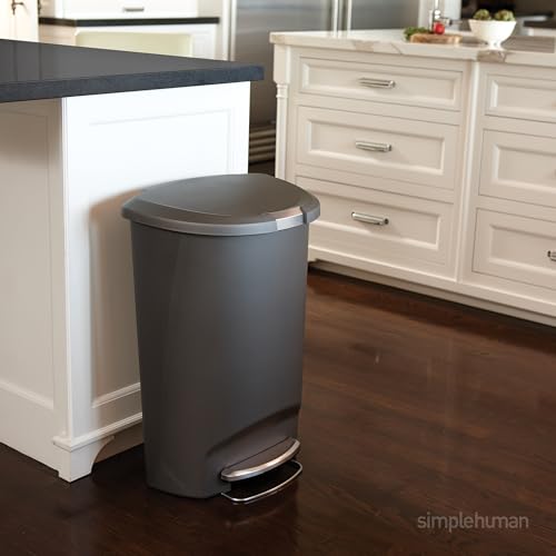 simplehuman 50 Liter / 13 Gallon Semi-Round Kitchen Step Trash Can with Secure Slide Lock, Grey Plastic - color: Gray