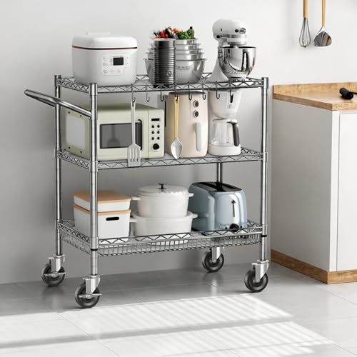 1050Lbs Heavy Duty 3 Tier Rolling Utility Metal Storage Cart with Wheels - color: Silver（18d X 36w X 32h, 1050lb）