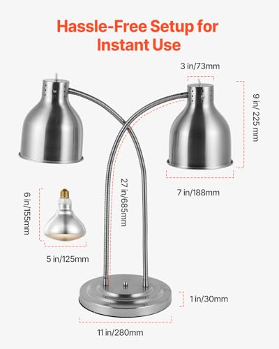 VEVOR Food Heat Lamp, 500W Electric Commercial Food Warmer Light, 2-Head Stainless Steel French Fry Heating Lamp with 3 Bulbs, Catering Food Warming Equipment for Kitchen, Buffet, Restaurant, Silver