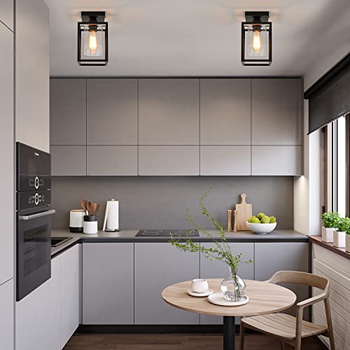 2 Pack Semi Flush Mount Ceiling Light, Black Metal Frame with Clear Glass Shade, Farmhouse Light Fixture for Kitchen, Island, Entryway, Porch, Foyer, Dining Room - color: Black