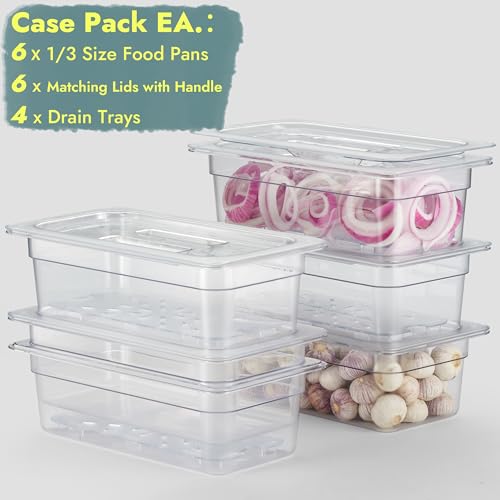 CURTA 6-Pack 1/3 Size 4" Deep NSF Polycarbonate Food Pans with Handled Lids & Drain Trays | Dishwasher & Freezer Safe Clear Container for Prep Tables, Buffet, Salad Bar, Commercial Kitchen - color: 1/3 Size, size: 4" Deep Pan with Lid
