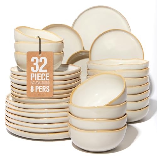 Pokini Stoneware Dinnerware Sets for 8, 32Pcs Ceramic Plates and Bowls Sets - color: Yellow White, size: Set (32pcs)