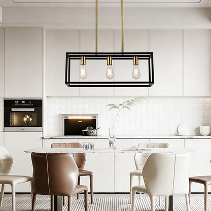 Farmhouse Kitchen Island Lighting, Modern Industrial Chandelier, 3-Light Black&Brushed Brass Linear Rectangular Pendant Light Fixtures for Farmhouse Kitchen Dining Room Bar Foyer - color: Black&Brass, size: 3 Lights