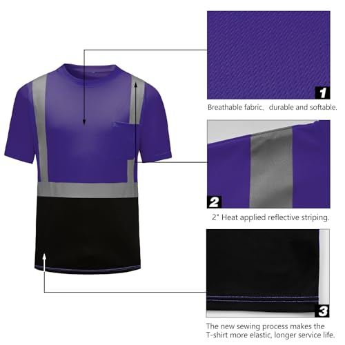High Visibility Shirts Quick Dry Safety T Shirts with Reflective Strips and Pocket Short Sleeve Mesh Hi Vis Construction Work Class 2 Shirt for Men/Women Black Bottom Purple,Small - color: Purple, size: Small