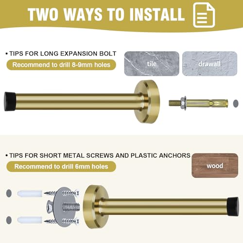 KOLAKO Door Stop, Long Door Stopper 6 Inch Wall Mounted Doorstop with Soft Rubber Bumper, Brushed Stainless Steel, Extra Long Door Stop for Bottom of Door (Gold)