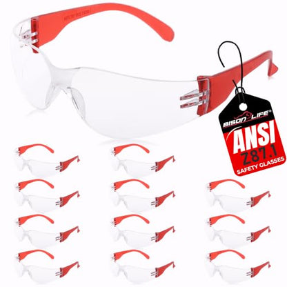 BISON LIFE Clear/Red Safety Glasses for Men & Women, ANSI Z87.1, 12 Pack - color: Clear/Red