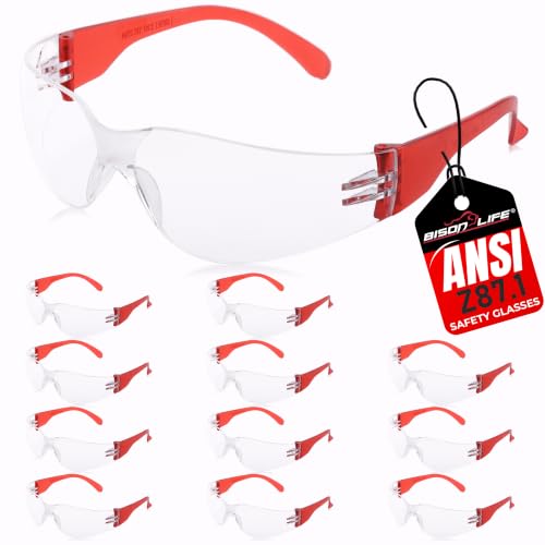BISON LIFE Clear/Red Safety Glasses for Men & Women, ANSI Z87.1, 12 Pack - color: Clear/Red