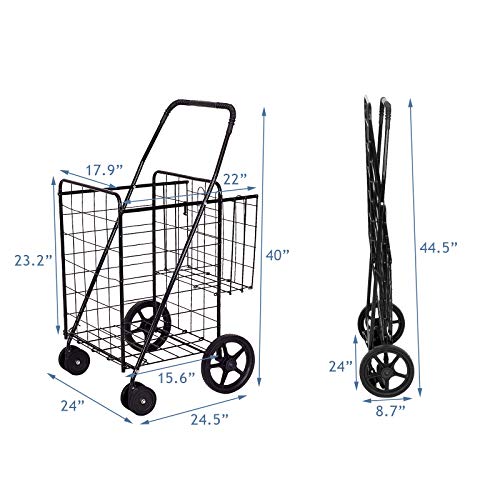 S AFSTAR Folding Shopping Cart, Metal Grocery Cart w/Extra Basket & 360° Swivel Wheels & Non-Slip Handle, Heavy Duty Utility Cart for Grocery Laundry Book Luggage (Black) - color: Black