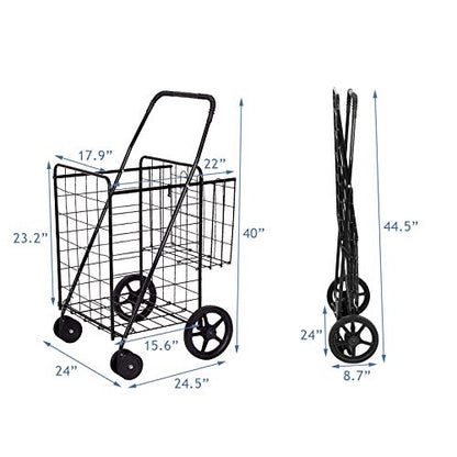 S AFSTAR Folding Shopping Cart, Metal Grocery Cart w/Extra Basket & 360° Swivel Wheels & Non-Slip Handle, Heavy Duty Utility Cart for Grocery Laundry Book Luggage (Black) - color: Black