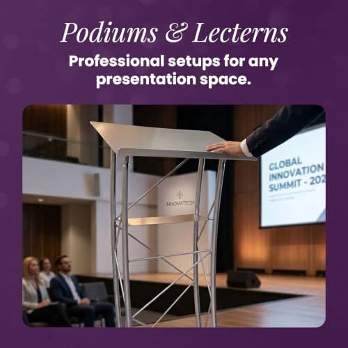 Kingdom KML2S Large Curved Lectern with Shelf, Stand Up Church Pulpit, Slanted Lectern, Conference Podium for Speakers, Speeches, and Other Occasions- Truss Lectern, Silver Powder Coat Finish, Metal - size: Design 03