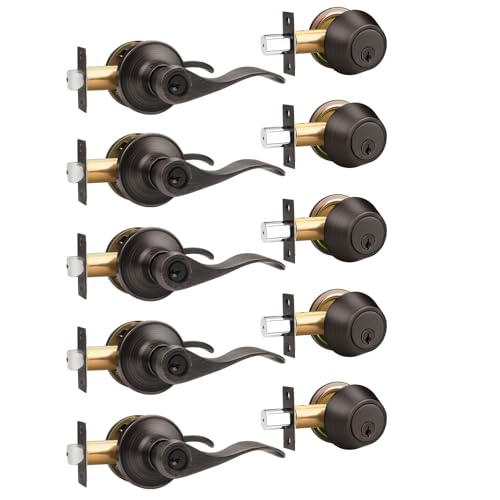 Gobrico Entry Door Handle and Single Cylinder Deadbolt Combo Locksets in Oil Rubbed Bronze, 5 Pack Keyed Alike Door Lever with Wave Style for Exterior/Front Doors - color: Oil Rubbed Bronze, size: 5 Pack