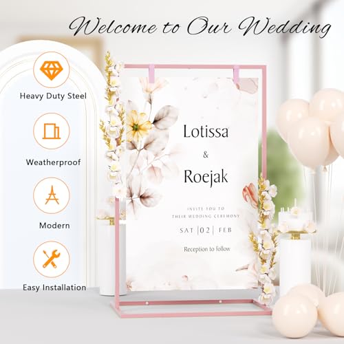 50H" Wedding Welcome Sign Stand with 8 Pair Satin Ribbon & 2 Leather Strap - color: Pink