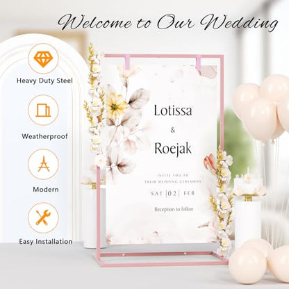 50H" Wedding Welcome Sign Stand with 8 Pair Satin Ribbon & 2 Leather Strap - color: Pink