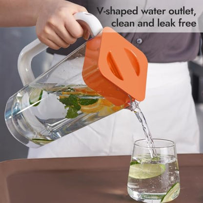 CURTA 1 Pack 2 Liters/68 oz Plastic Pitcher with Lid & Handle for Kitchen,ICED JUICE and Coffee Carafe Beverage Serveware, Acrylic Water Jug for Hot/Cold Drinks&lemonade - color: Orange
