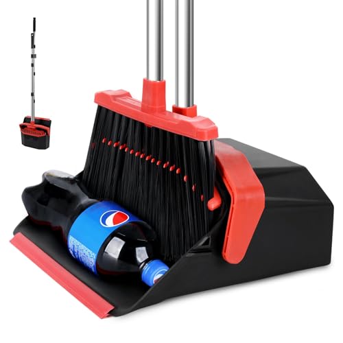 Broom and Dustpan Set for Home, 51" Long Handle Standing Dustpan Black Red - color: Black and Red