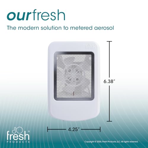 Fresh Products ourfresh 2 Air Freshener Replace Metered Aerosol with Dry Fragrance 30 Day Use Medium Sized Spaces Light Activated Battery Operated Refill Reminder White Dispenser 1 pk
