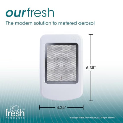Fresh Products ourfresh 2 Air Freshener Replace Metered Aerosol with Dry Fragrance 30 Day Use Medium Sized Spaces Light Activated Battery Operated Refill Reminder White Dispenser 1 pk