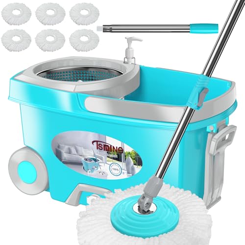 FunClean Large Spin Mop Bucket Set with Wringer, 2 Gal Capacity, Blue - size: Large - 6 Mop Heads - Blue
