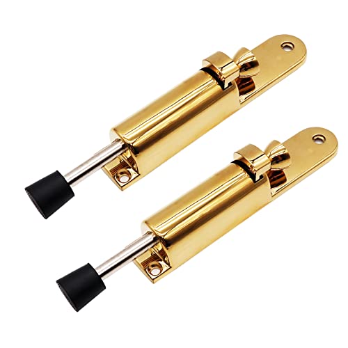 Kickdown Door Stop 2-Pack Easy Step Door Stopper Spring Loaded Telescopic Step On/Off Door Stopper Rubber Adjustable Heavy Duty Door Locks Holder Stop/Release by Foot (Bright Gold) - color: Bright Gold