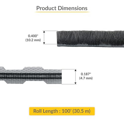 Brixwell Zipper Pile Weatherstrip - 100' Roll, 0.400" Pile Height, Gray Finish, Zipper Weatherization Seal for Windows & Doors, Weatherstrip Replacement, Door Weather Seal - style: 0.400" (10.2mm)