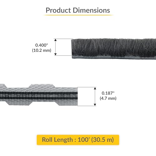 Brixwell Zipper Pile Weatherstrip - 100' Roll, 0.400" Pile Height, Gray Finish, Zipper Weatherization Seal for Windows & Doors, Weatherstrip Replacement, Door Weather Seal - style: 0.400" (10.2mm)