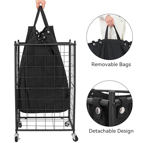WOWLIVE Rolling Laundry Basket, Metal Wire Frame Laundry Hamper with Wheels - color: Black, size: 100l
